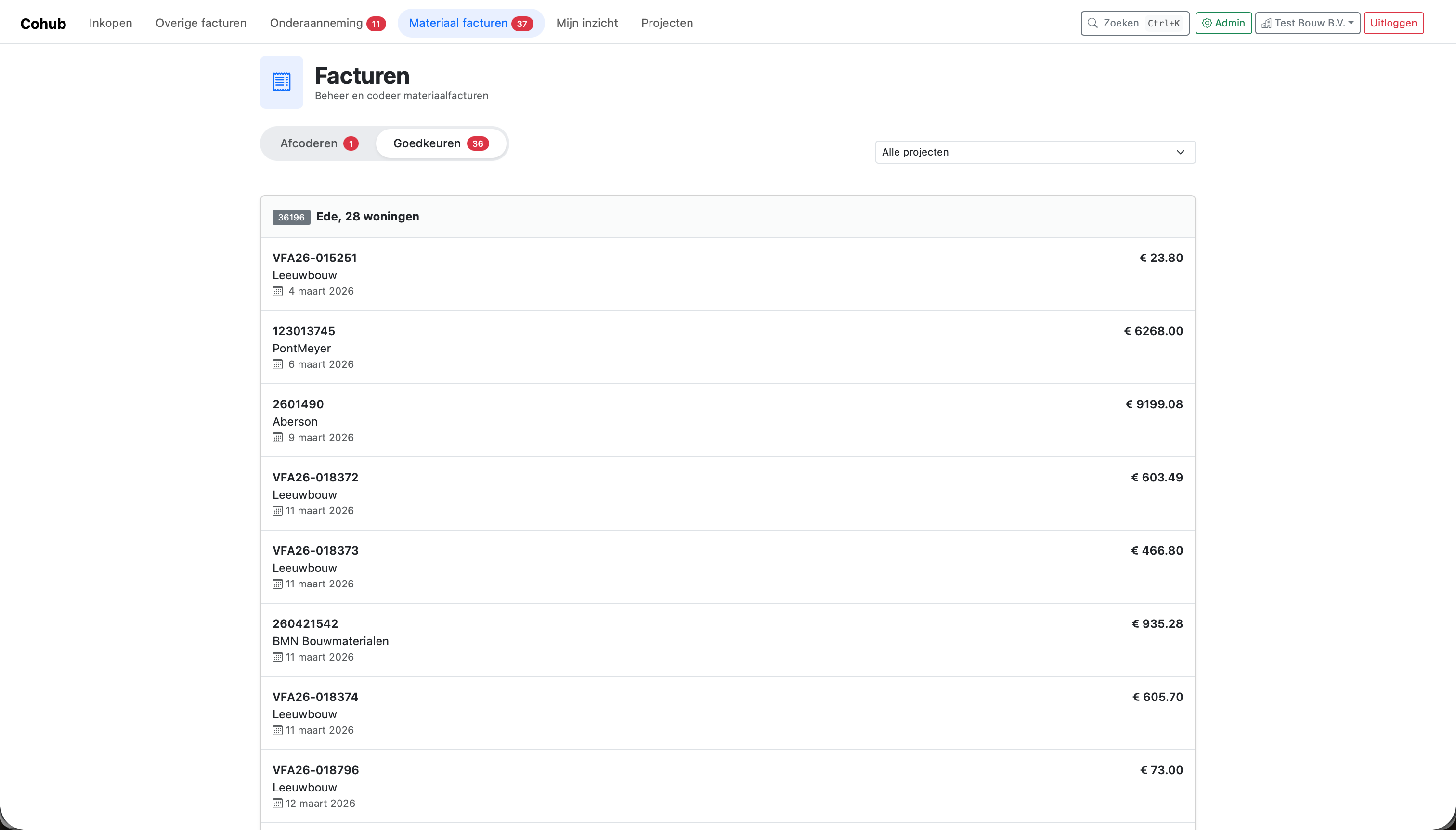 Cohub factuuroverzicht per project